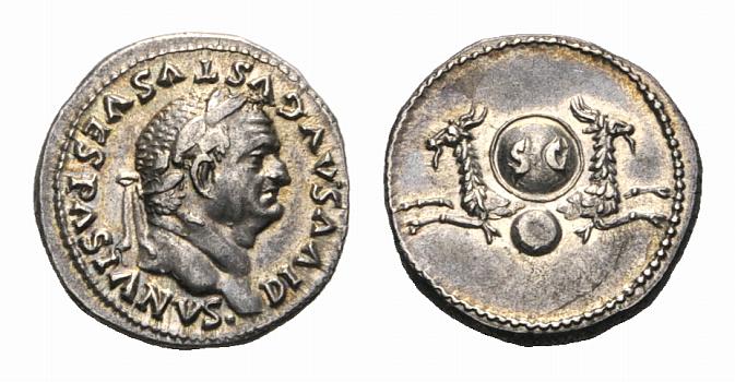 Vespasian Denar 3g Rom 80-81. Divuspraegung SC auf Schild ber Globus Capricornprotome
